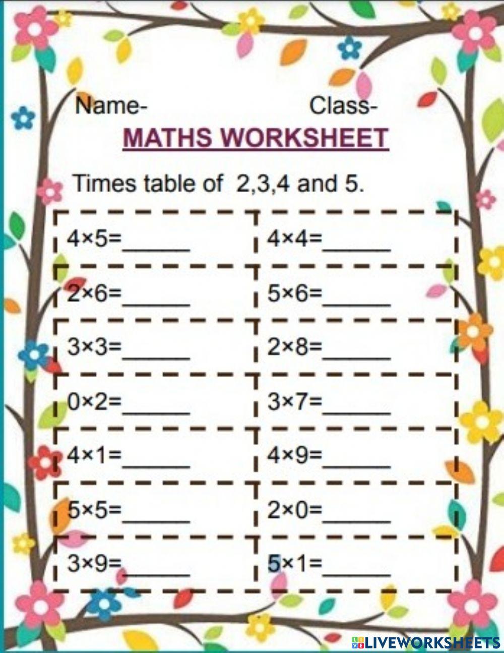 Times table of 2,3,4 and 5