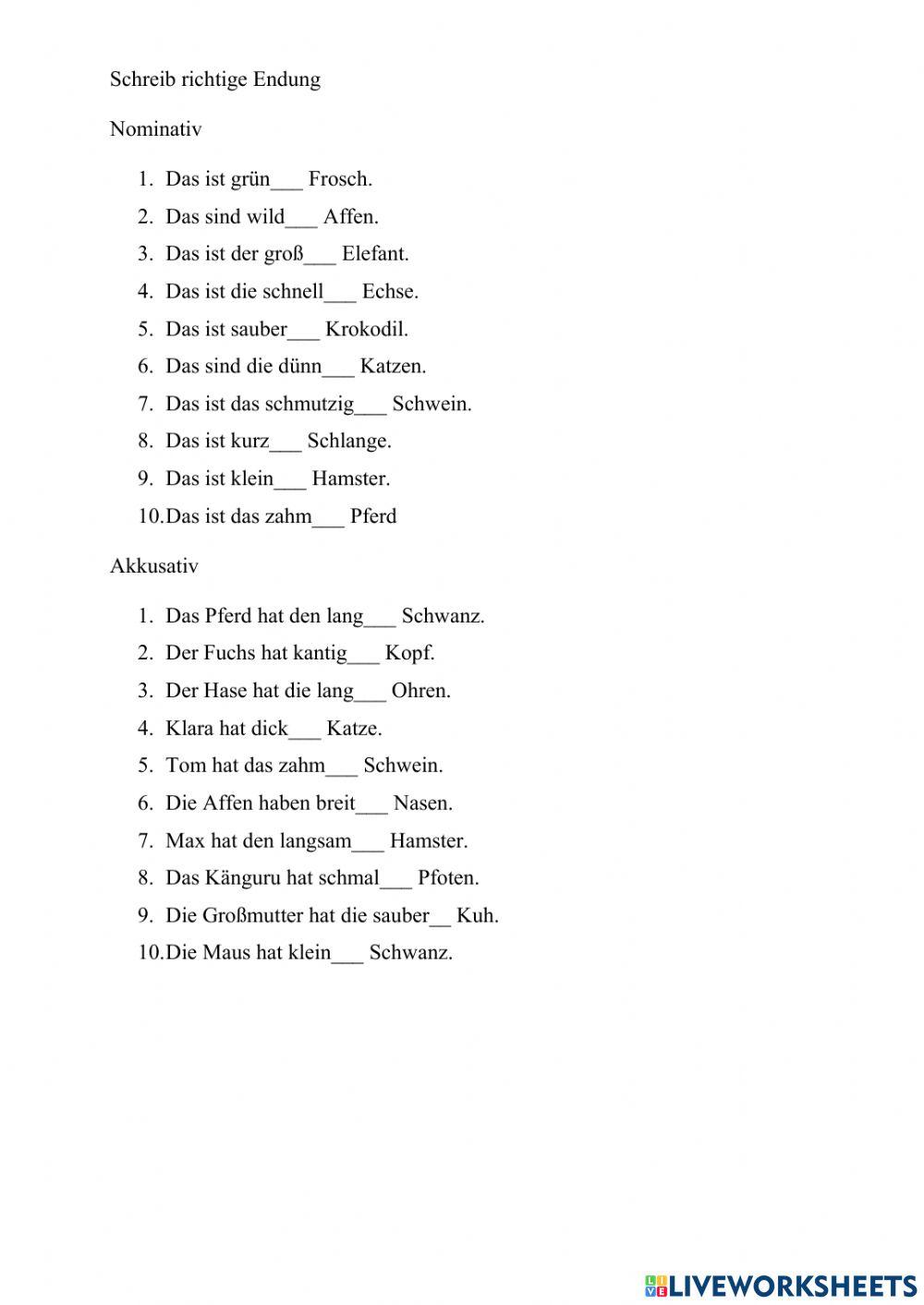 Adjektivdeklination Tiere