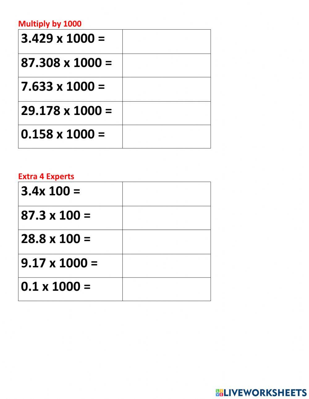 Multiplying decimals by 10, 100, 1000