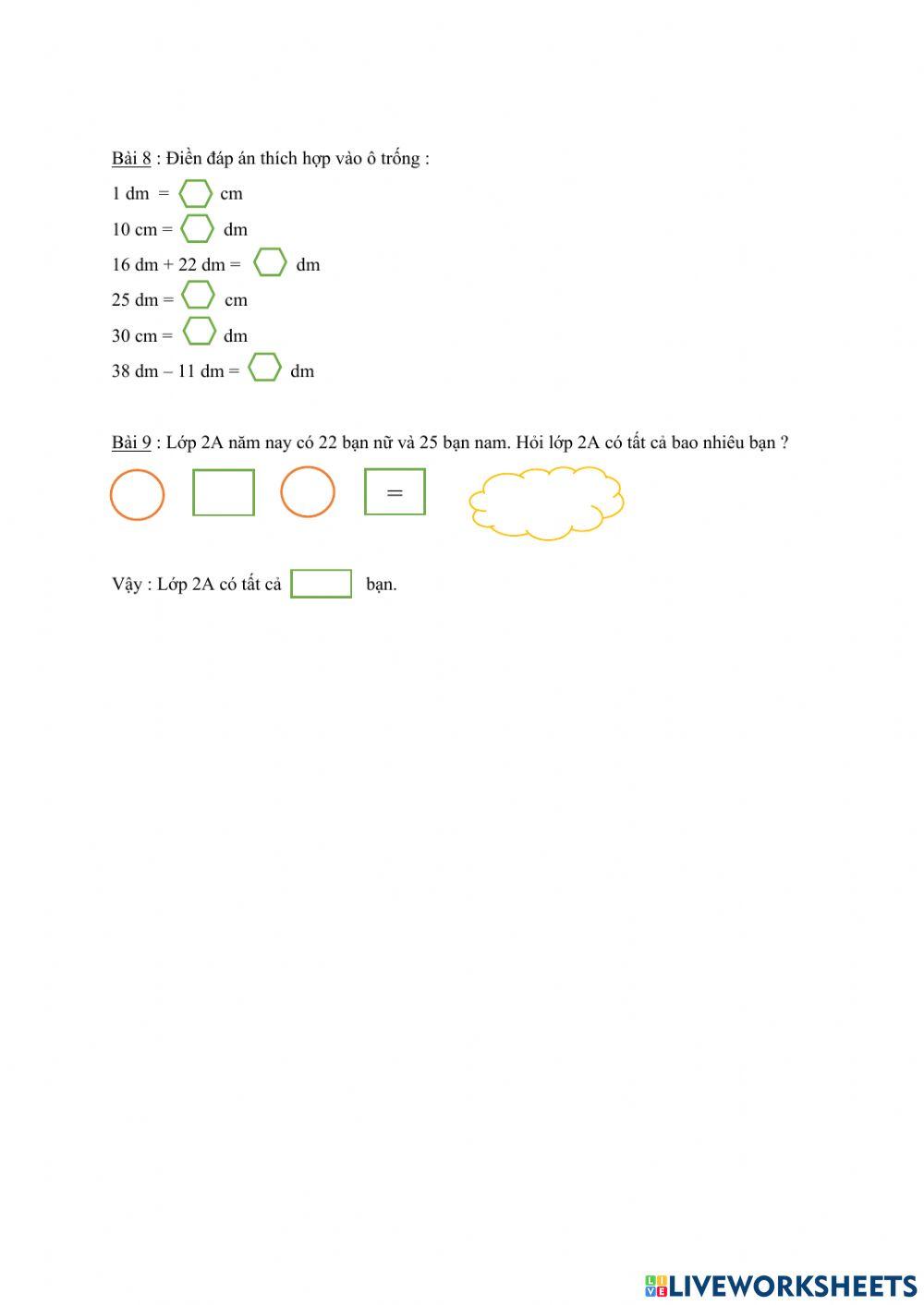 PHIẾU BÀI TẬP CUỐI TUẦN TOÁN LỚP 2 - TUẦN 1