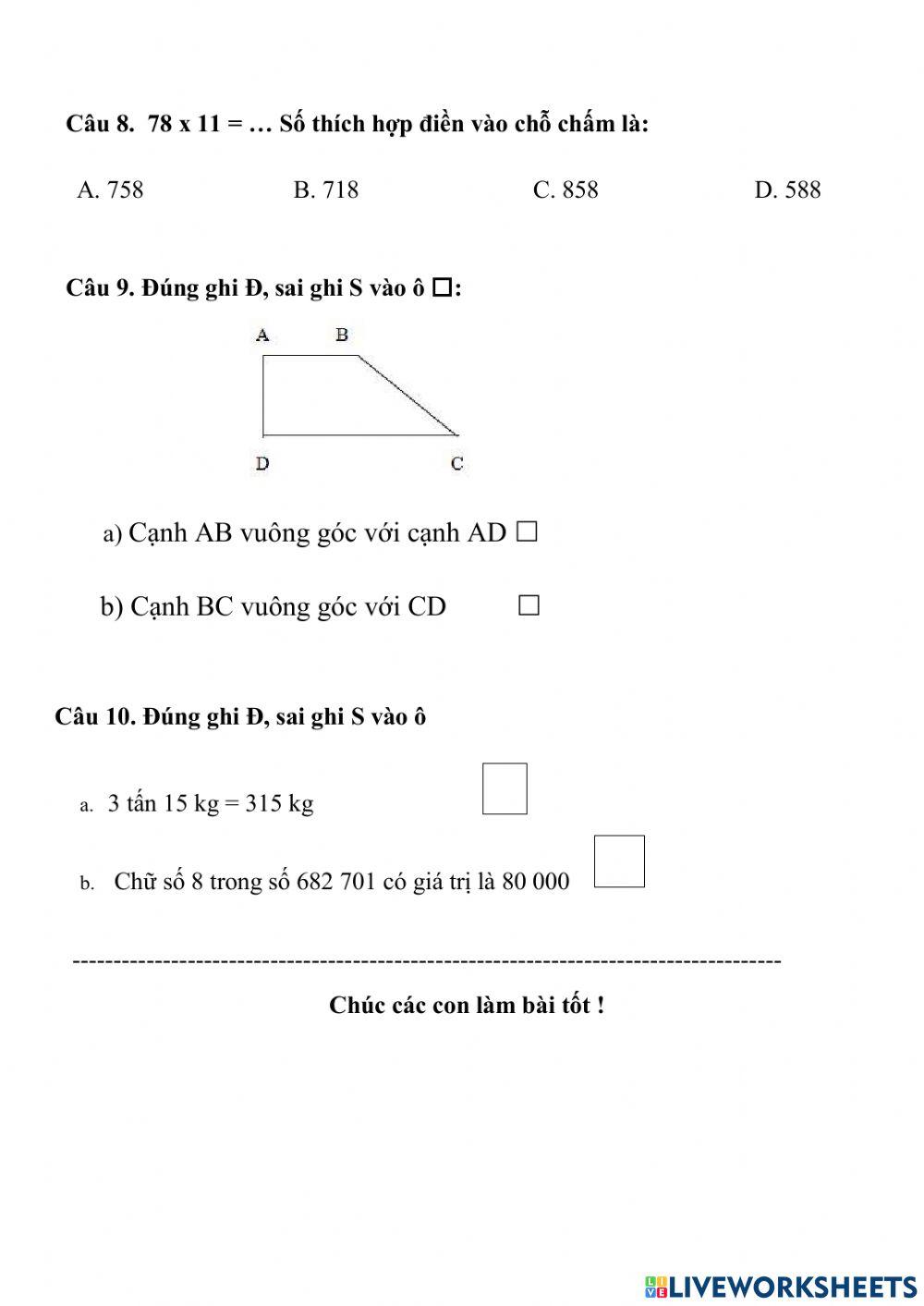 Bài ôn trắc nghiệm Toán 4