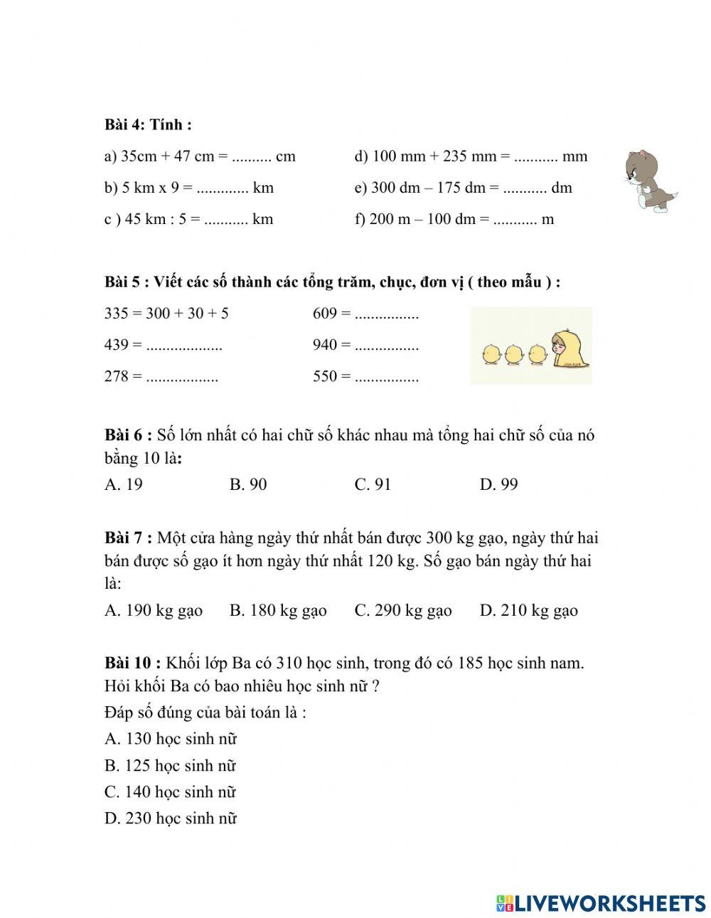 PHIẾU BÀI TẬP CUỐI TUẦN TOÁN LỚP 2 - TUẦN 30