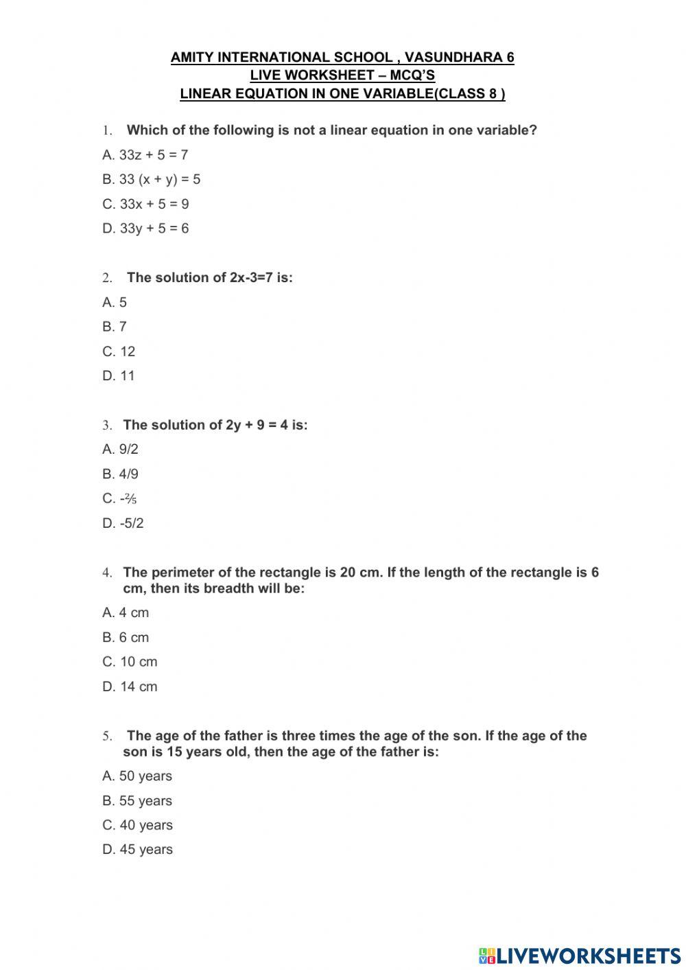 Mcq -linear equations in one variable