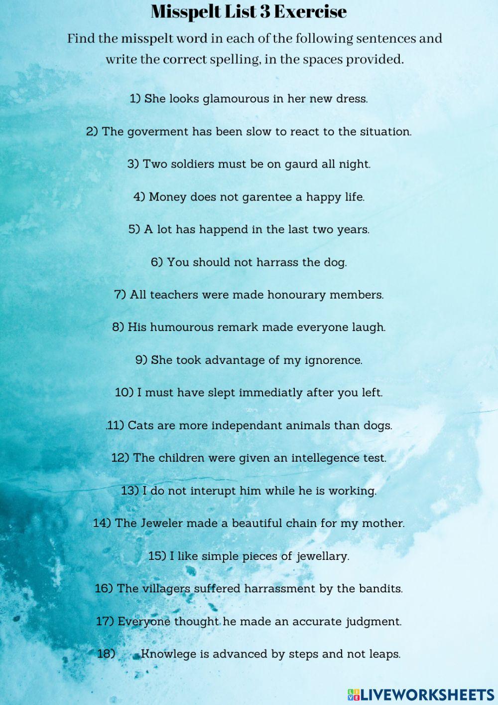 Misspelt List 3 Exercise Misspelt List 3 Exercise