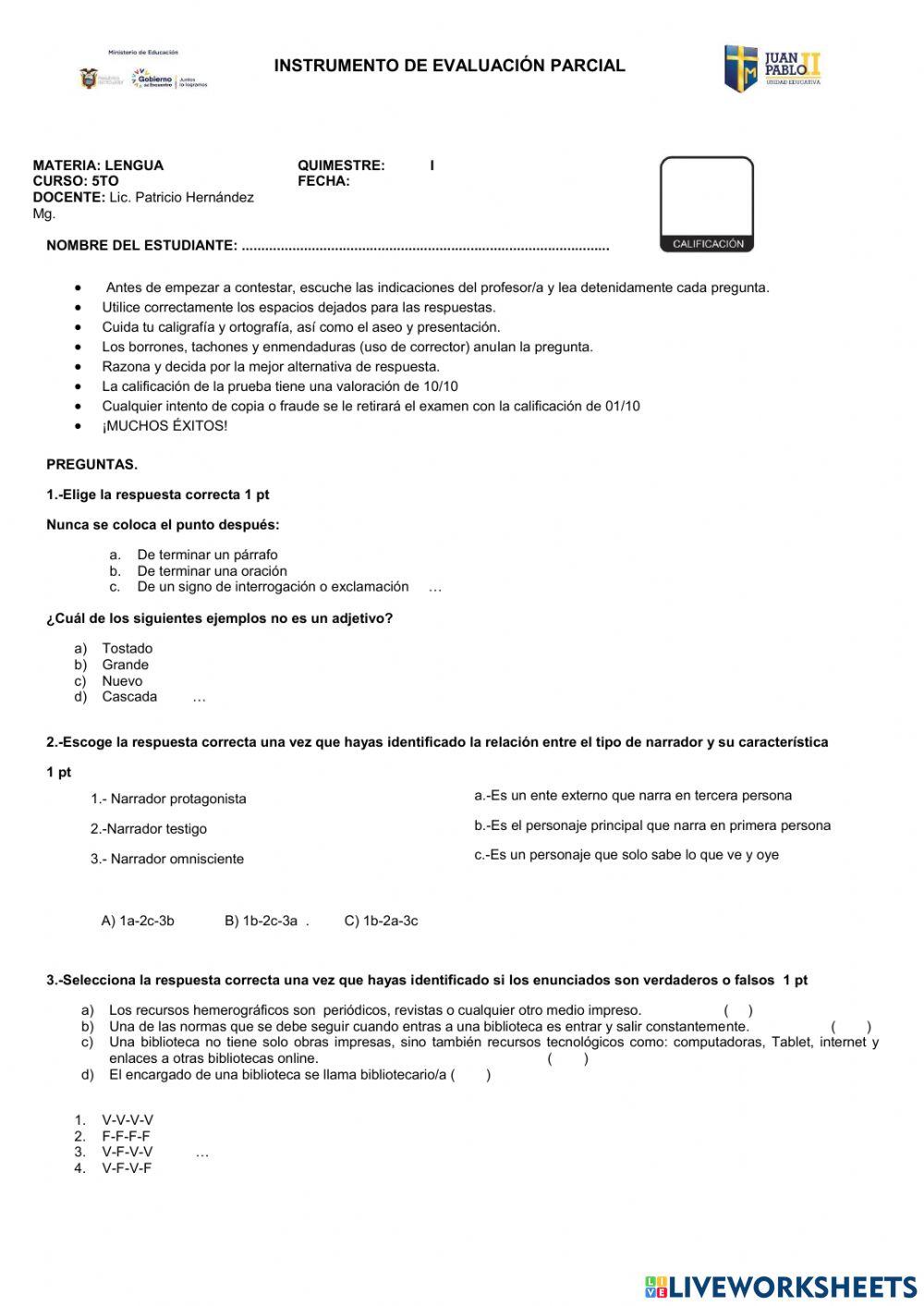 Evaluación Quimestral Lengua 2022