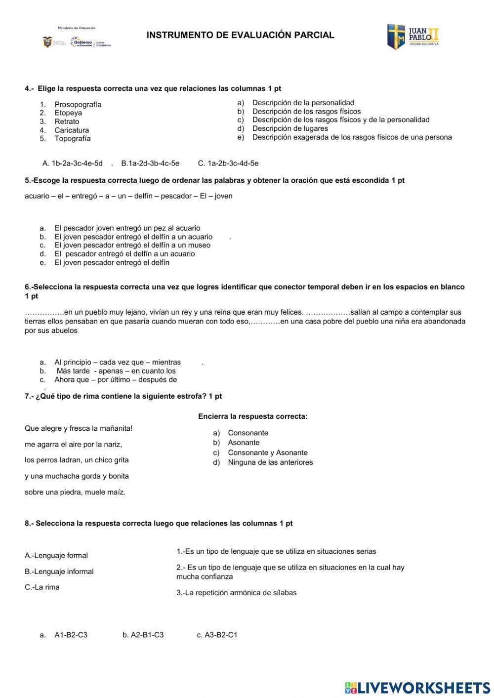 Evaluación Quimestral Lengua 2022