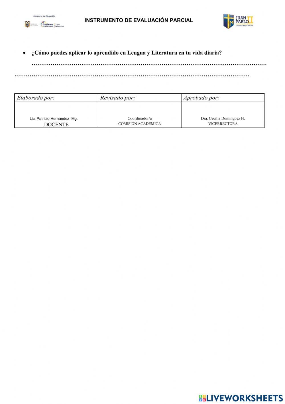 Evaluación Quimestral Lengua 2022