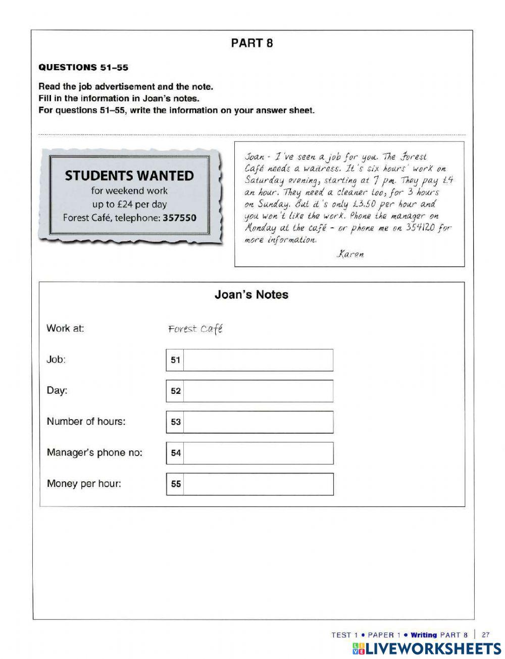 KET: Reading and Writing Part 8 (Test I)