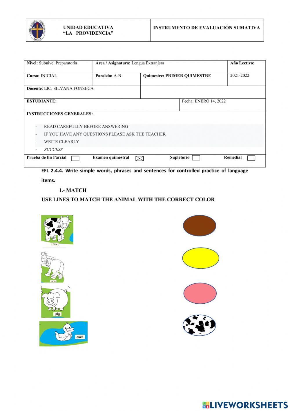 QUIMESTRAL ENGLISH TEST (INITIAL 2)