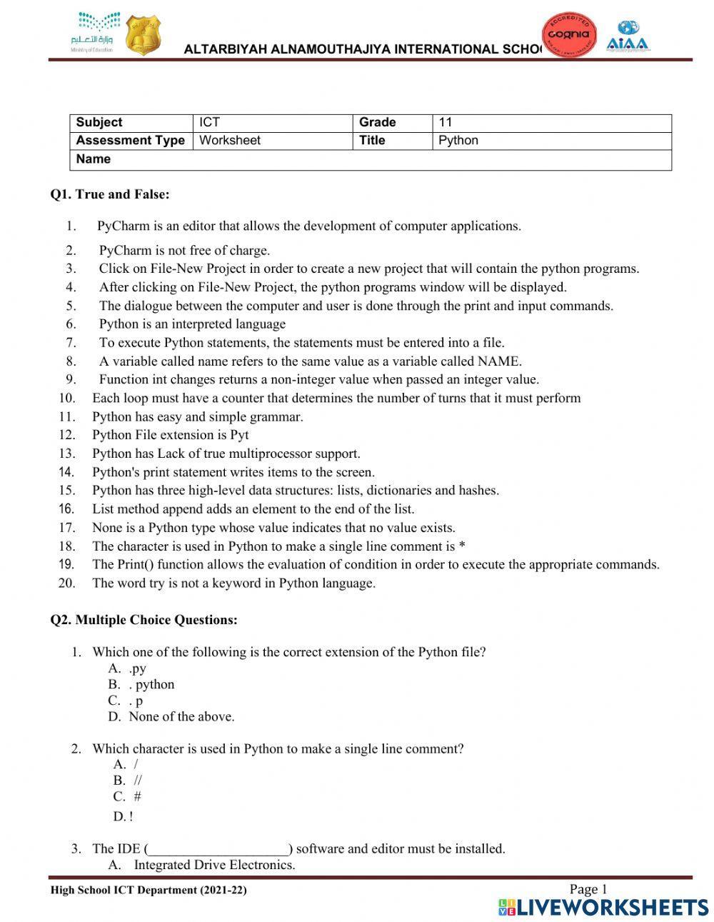 Python | Free Interactive Worksheets | 1765363