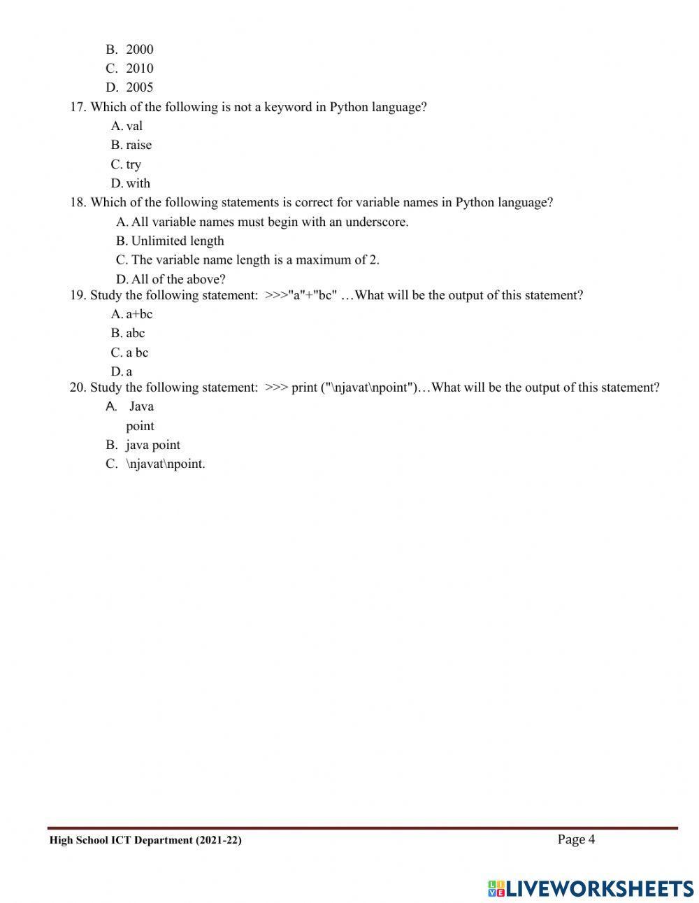 Python | Free Interactive Worksheets | 1765363