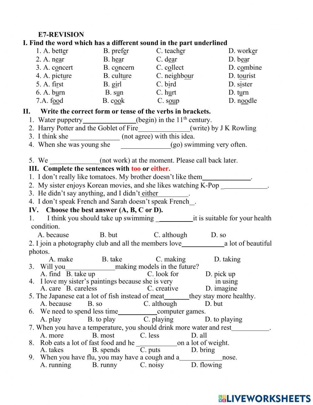 E7 Revision for the first term test