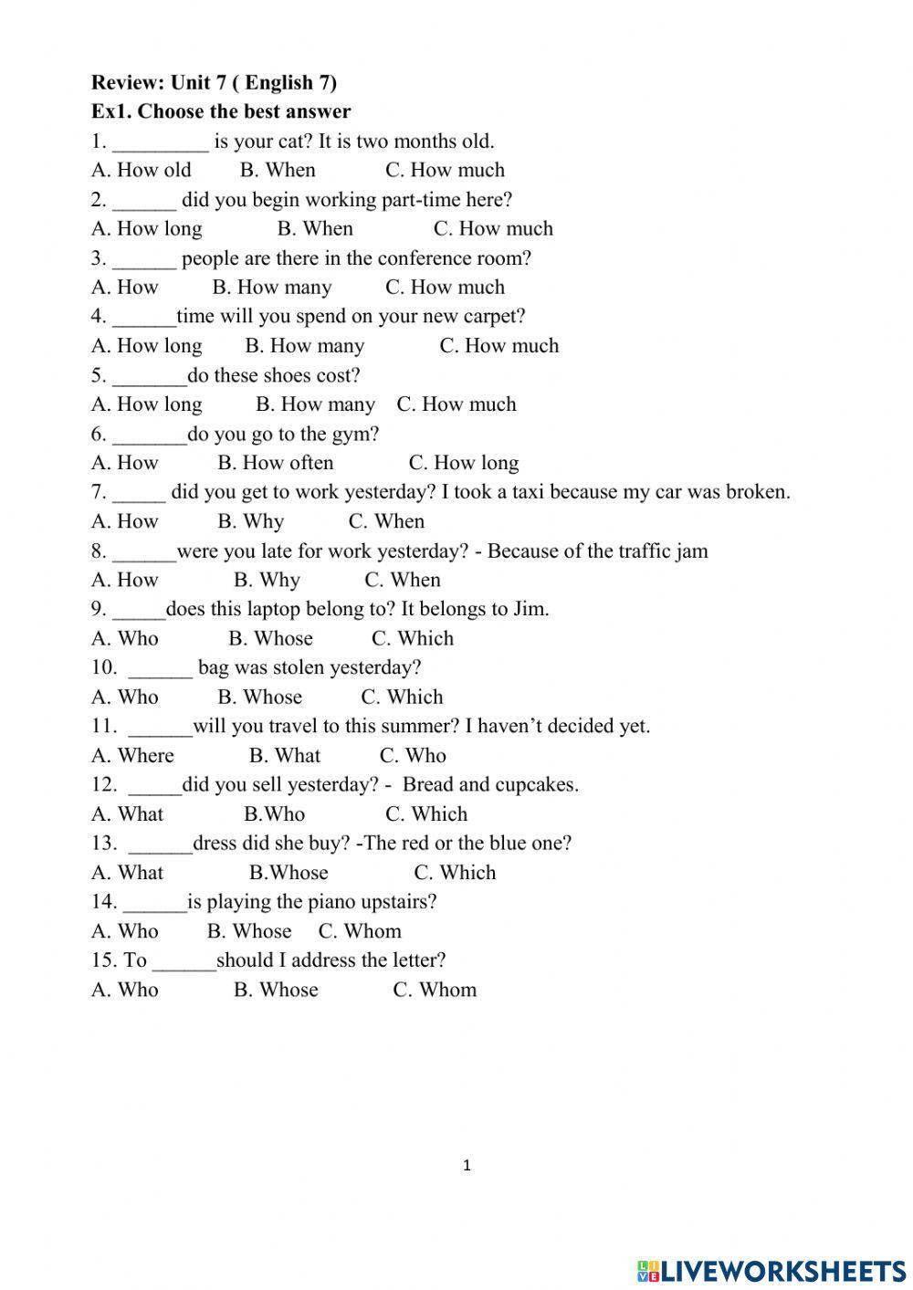 Từ để hỏi tiếng anh 7