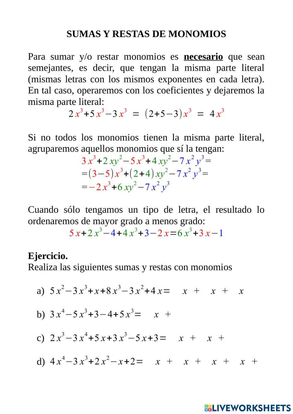 Sumas y restas de monomios