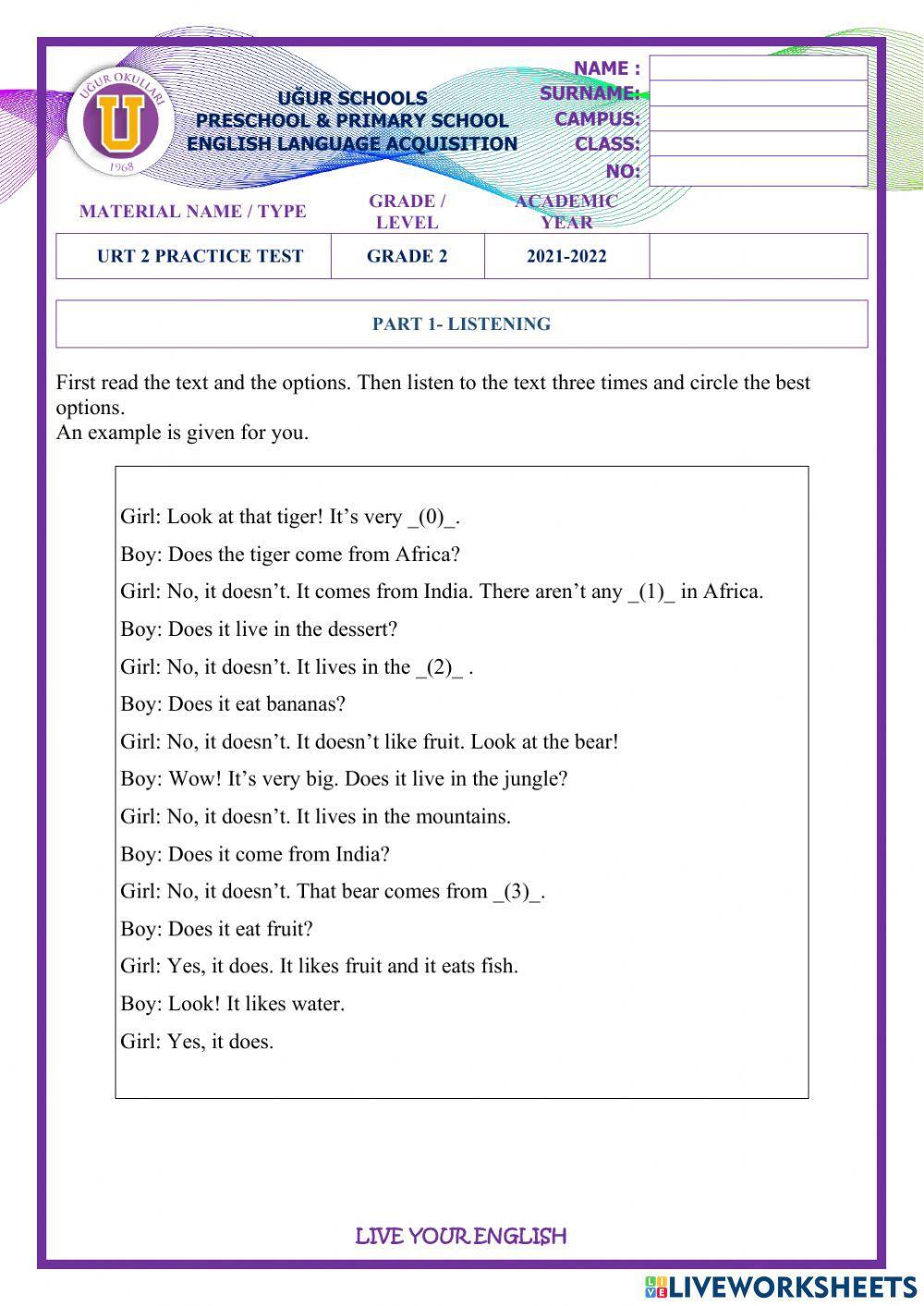 Grade 2-URT 2 Practice Test