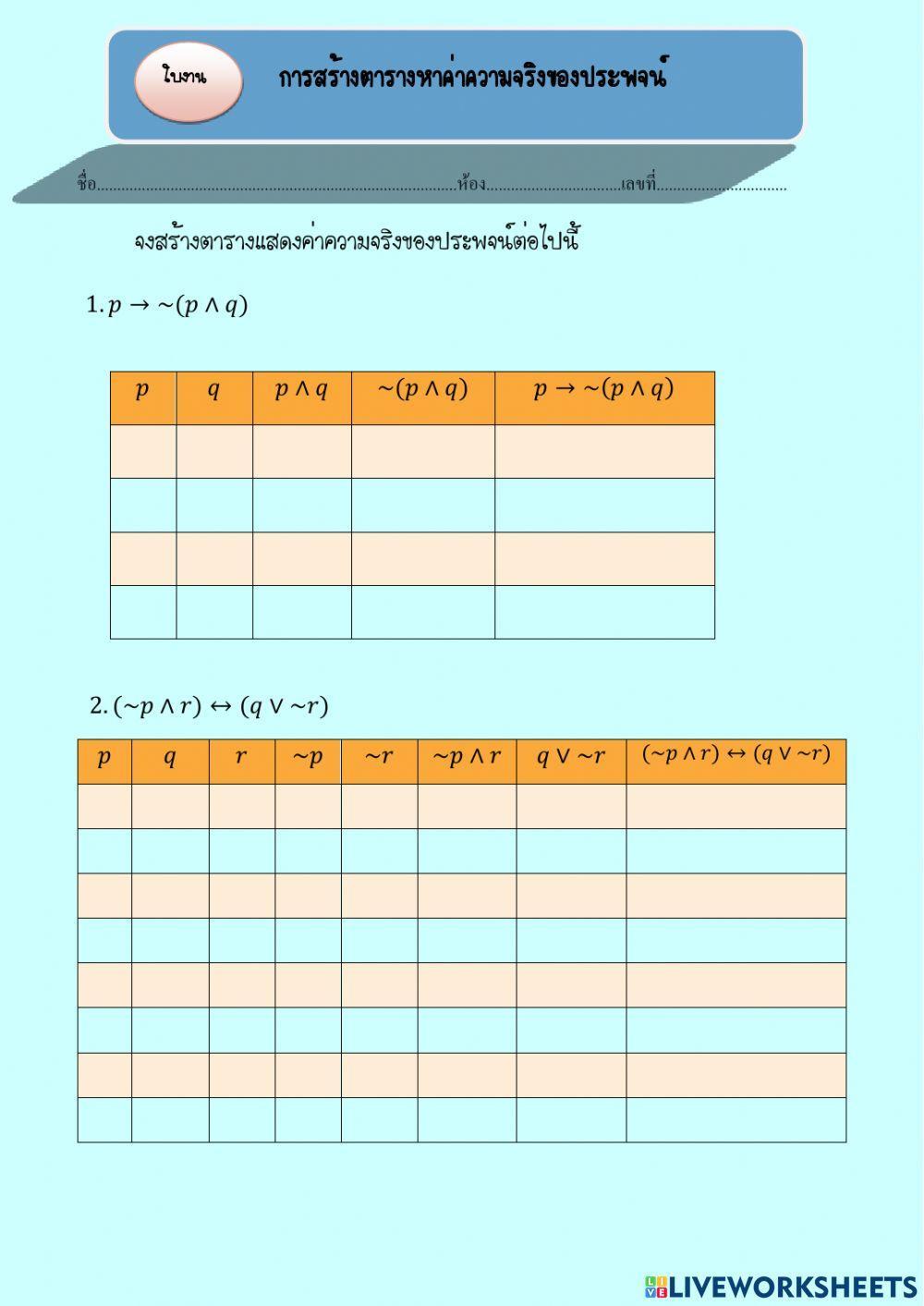 ใบงานเรื่อง การสร้างตารางค่าความจิง