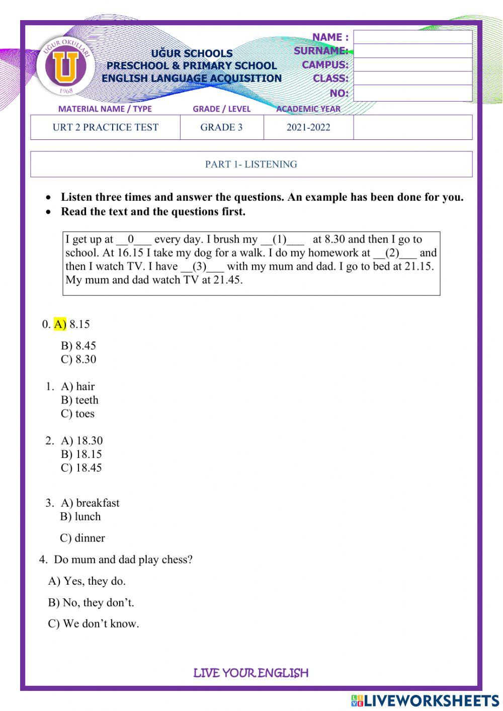 Grade 3-URT 2 Practice Sheet