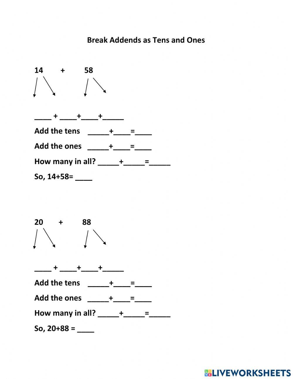 Break Addends as Tens and Ones worksheet Live Worksheets