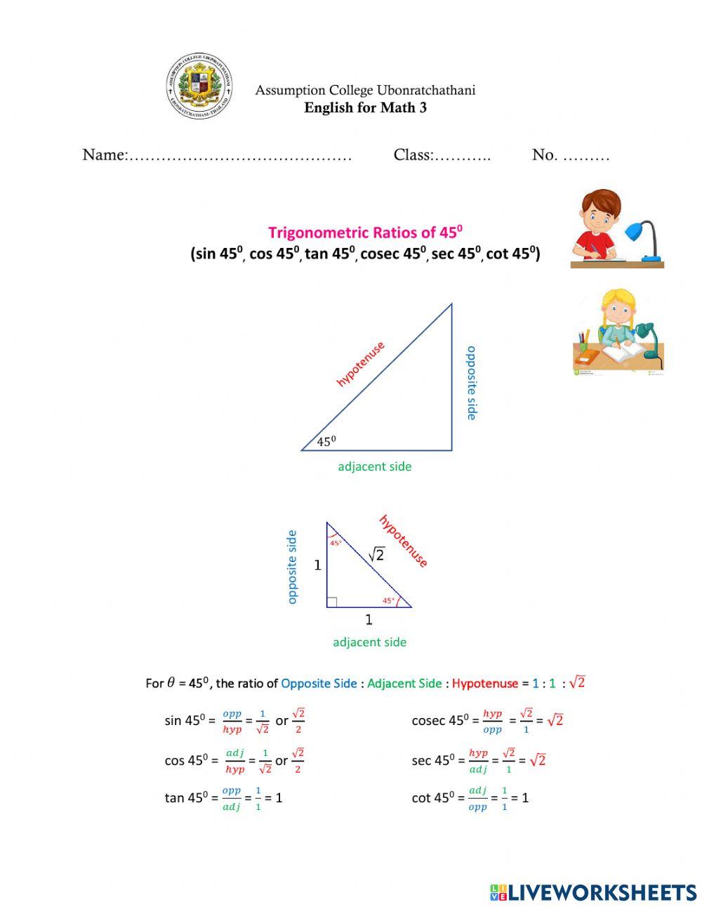 Trigonometric Ratios of 45 Degrees Triangle
