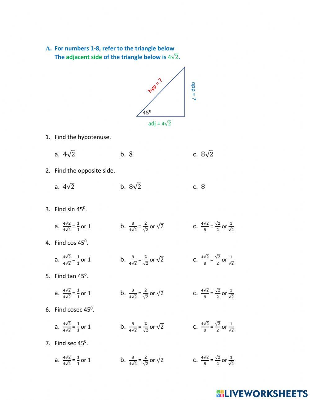 Trigonometric Ratios of 45 Degrees Triangle