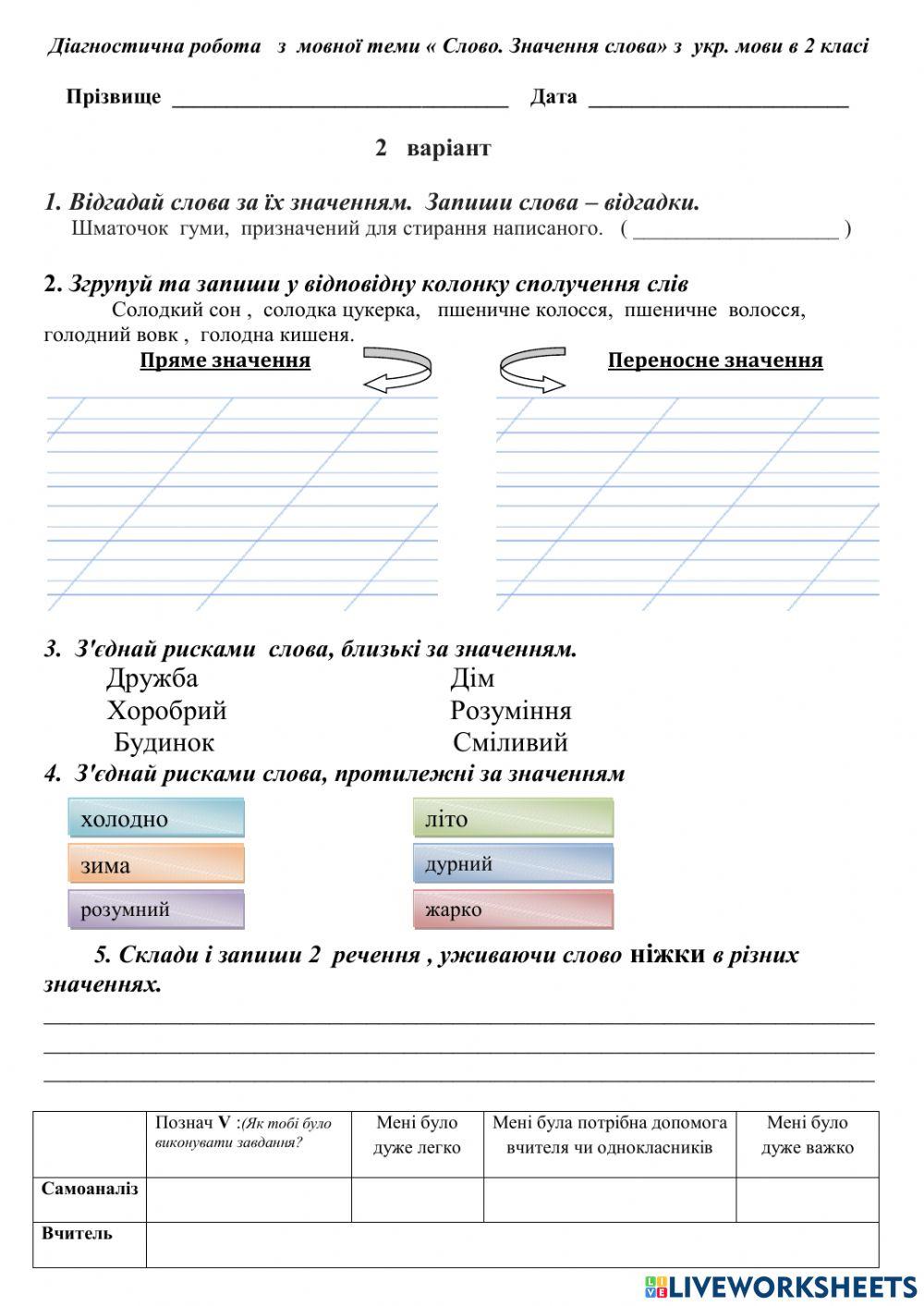 Діагностувальна робота 2 клас