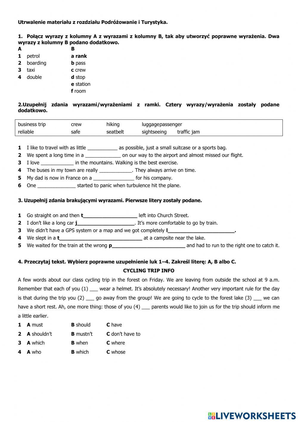 Utrwalenie materiału z zakresu Podróżowanie i Turystyka