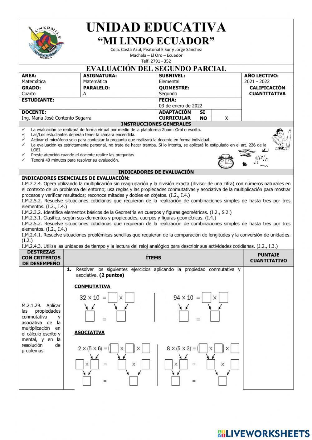 Evaluación de Matemática del Segundo Parcial del Segundo Quimestre