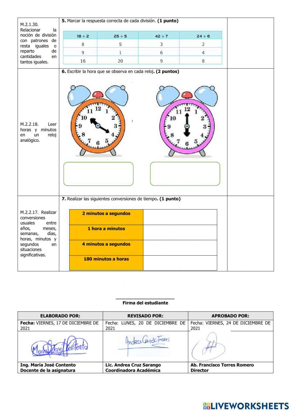 Evaluación de Matemática del Segundo Parcial del Segundo Quimestre