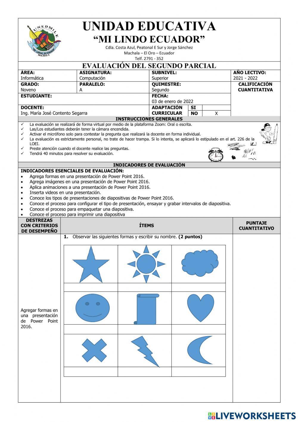 Evaluación de Computación Noveno del Segundo Parcial del Segundo Quimestre