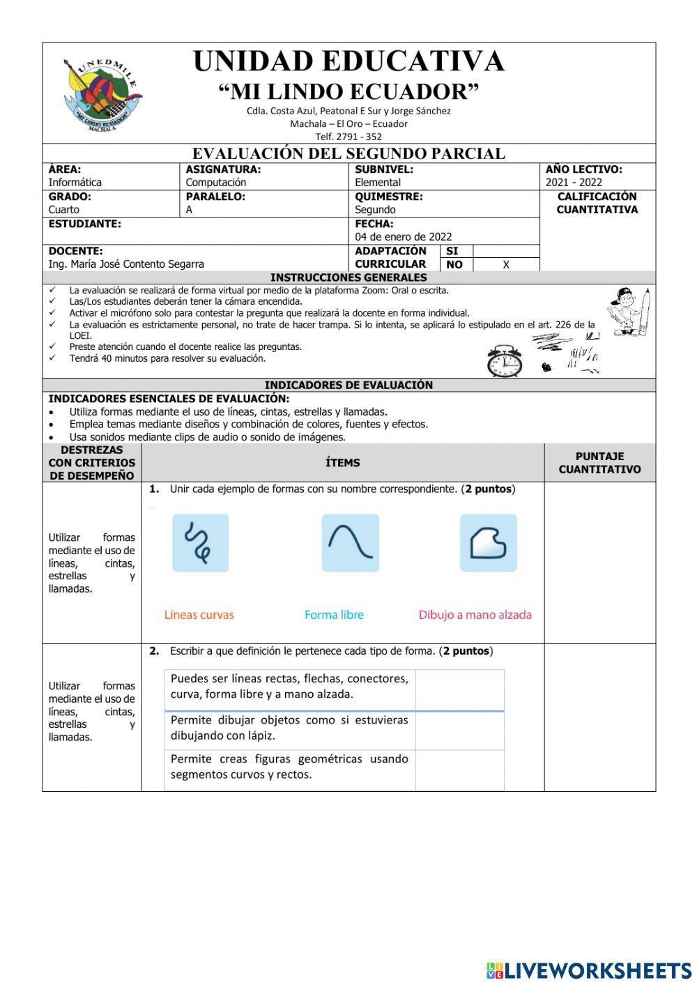 Evaluación de Computación Cuarto Grado del Segundo Parcial del Segundo Quimestre