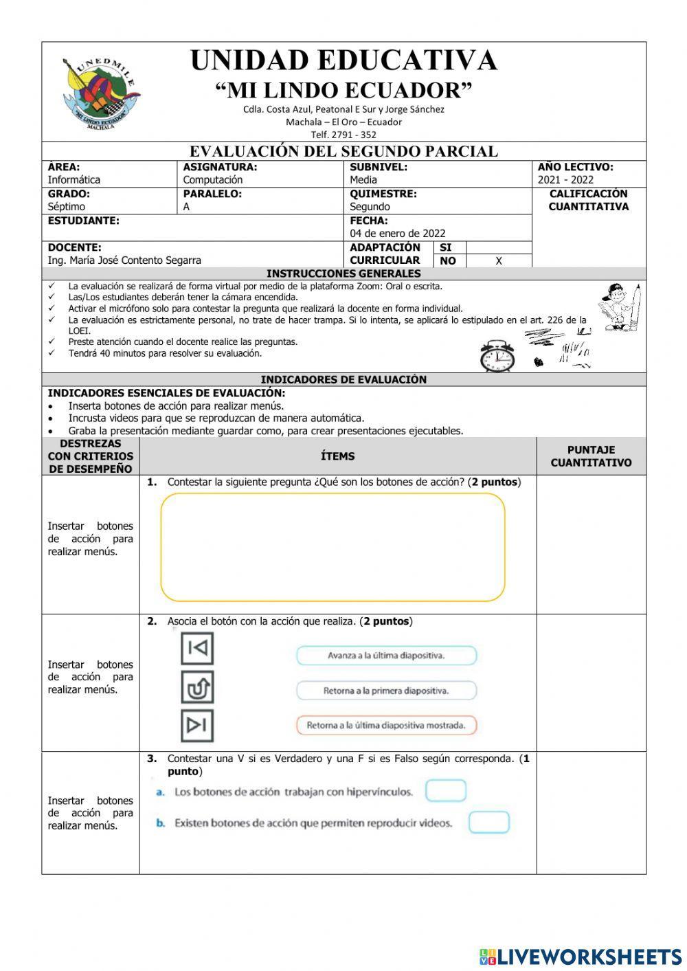 Evaluación de Computación Séptimo del Segundo Parcial del Segundo Quimestre