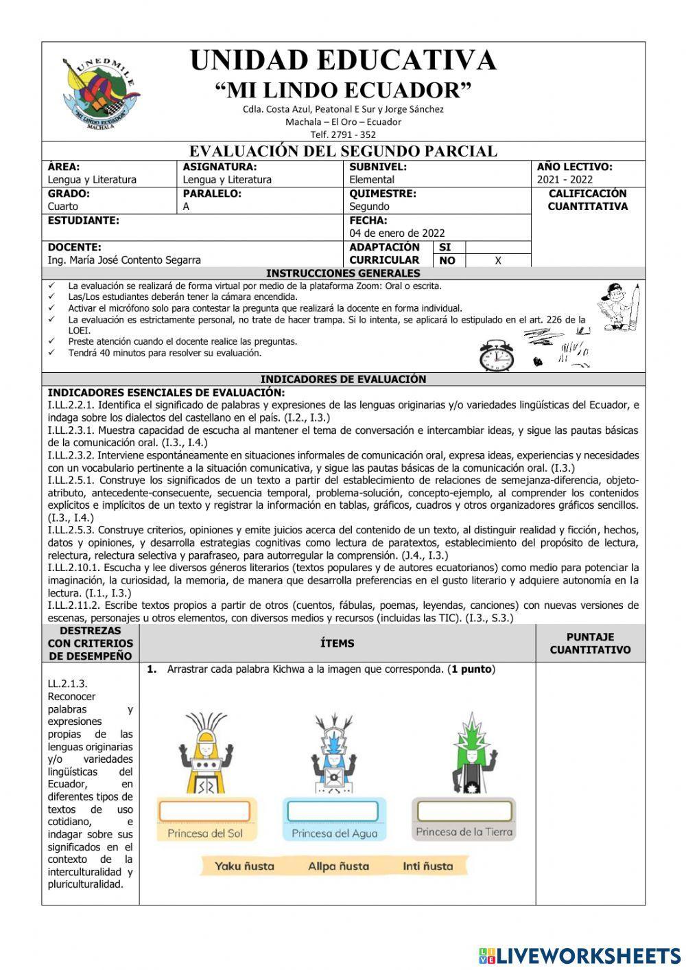 Evaluación de Lengua y Literatura Cuarto del Segundo Parcial del Segundo Quimestre