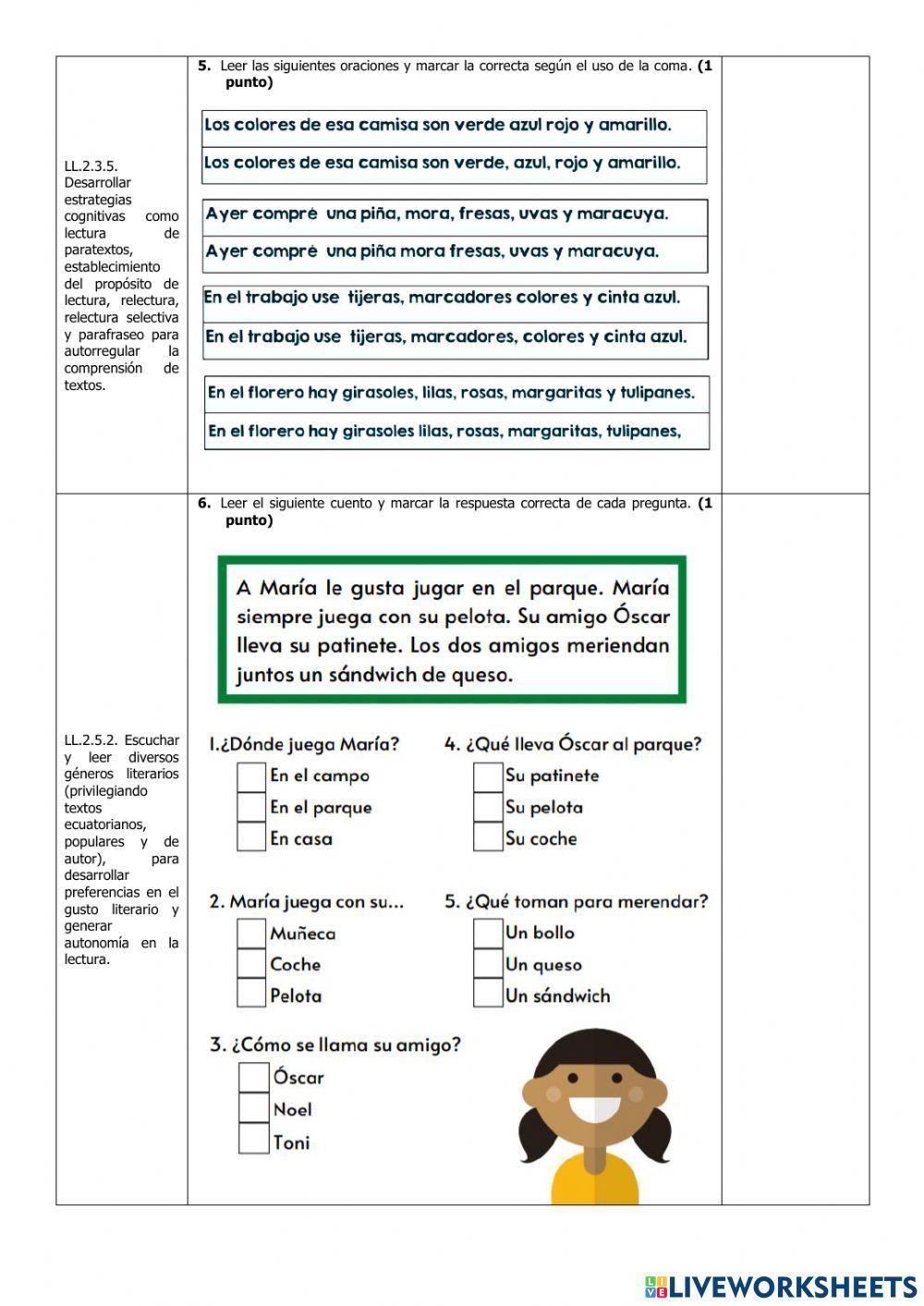Evaluación de Lengua y Literatura Cuarto del Segundo Parcial del Segundo Quimestre
