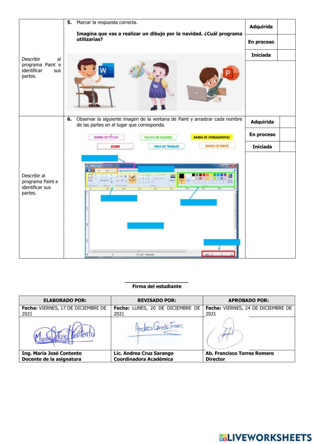 Evaluación del Computación Primero del Segundo Parcial del Segundo Quimestre
