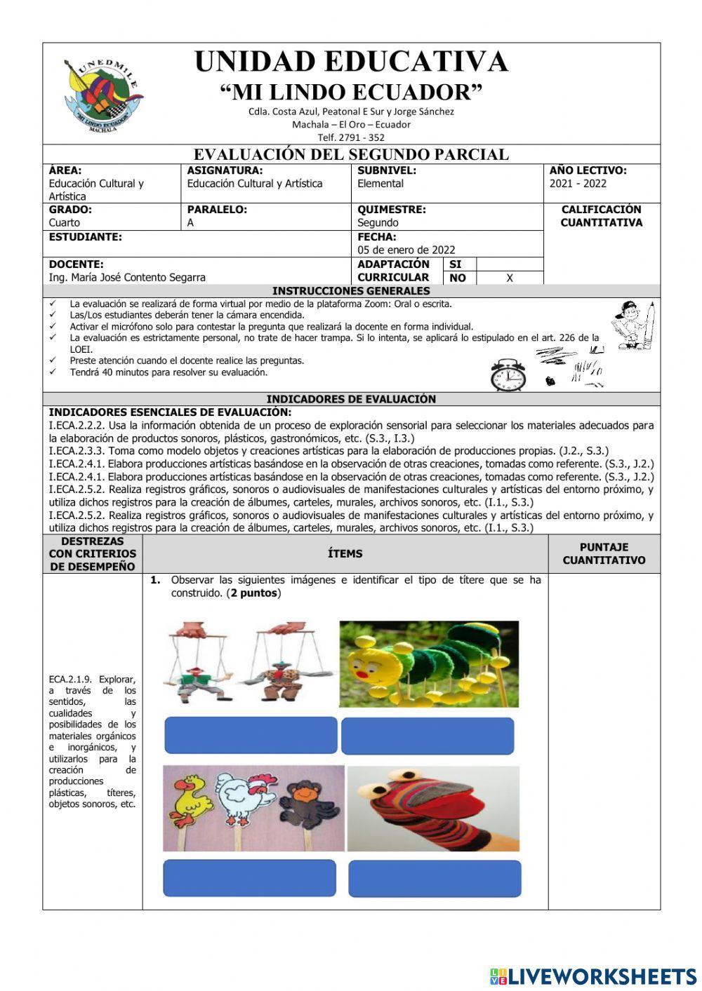 Evaluación de Educación Cultural y Artística del Segundo Parcial del Segundo Quimestre