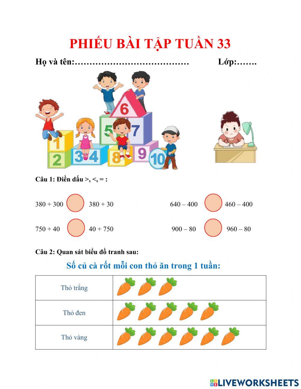 Phiếu bài tập cuối tuần toán lớp 2 - tuần 33