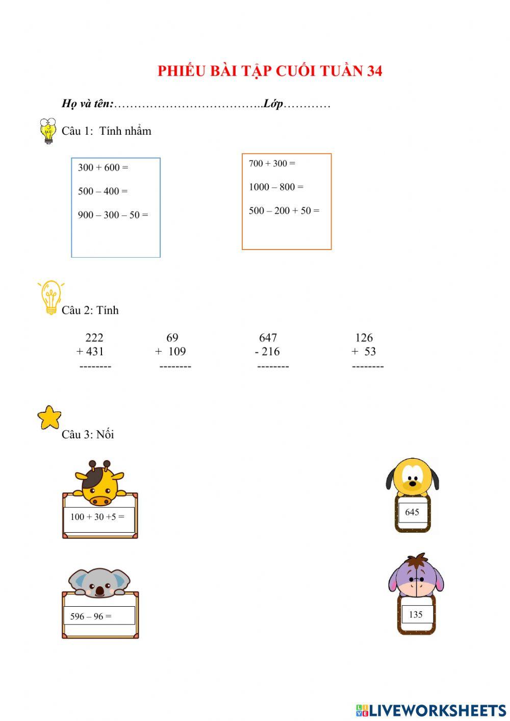 Phiếu bài tập cuối tuần toán lớp 2 - tuần 34