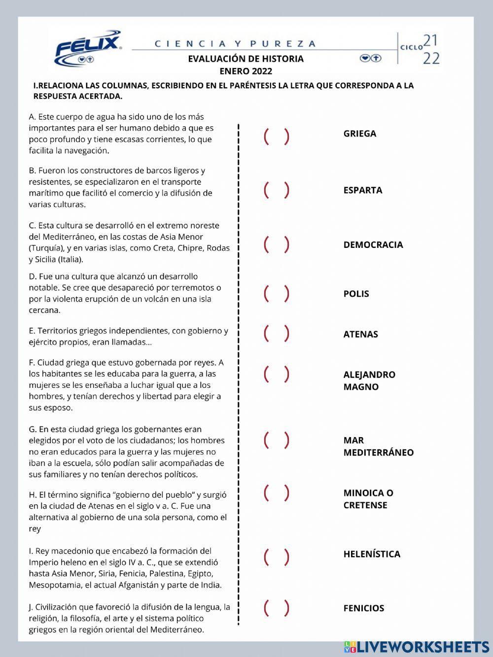 Examen de historia 6to enero22