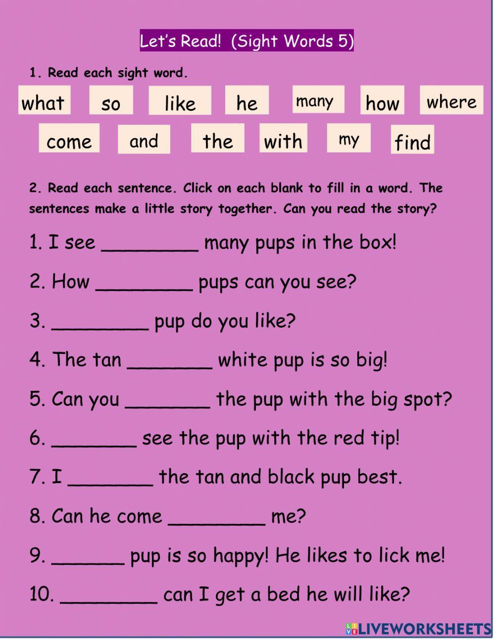 Let #39 s Read Sight Words 4 online exercise for Live Worksheets