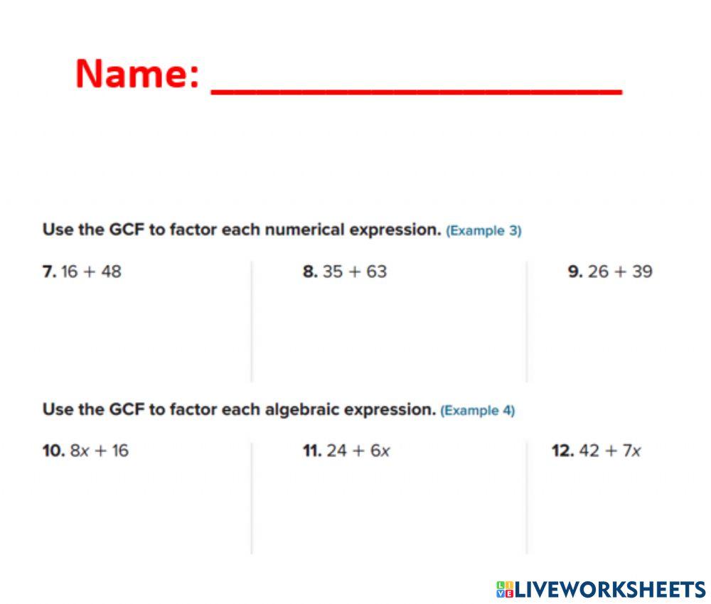 Use GCF to factor expression worksheet | Live Worksheets