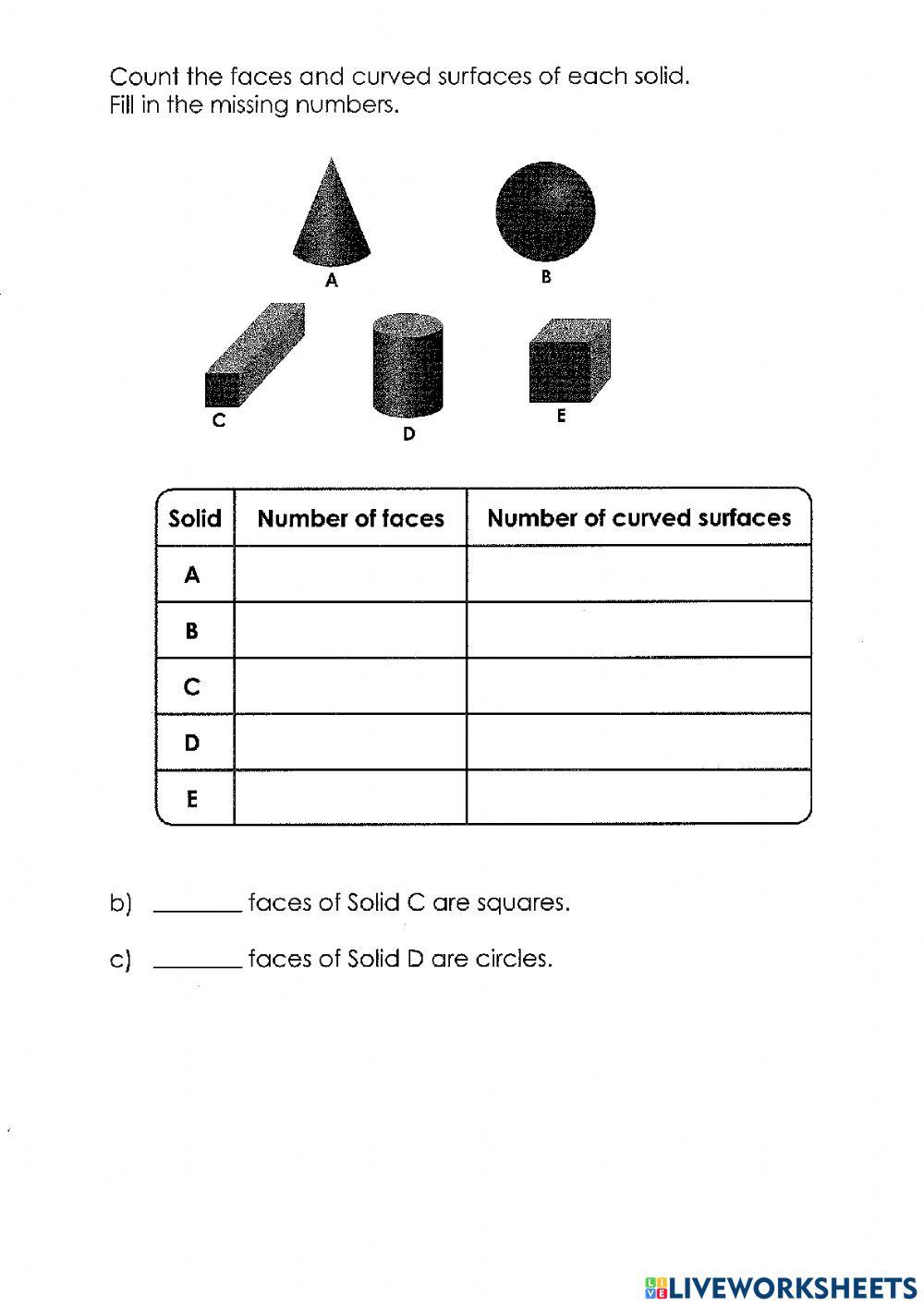 Faces and curved surfaces of solid shapes online exercise for Live