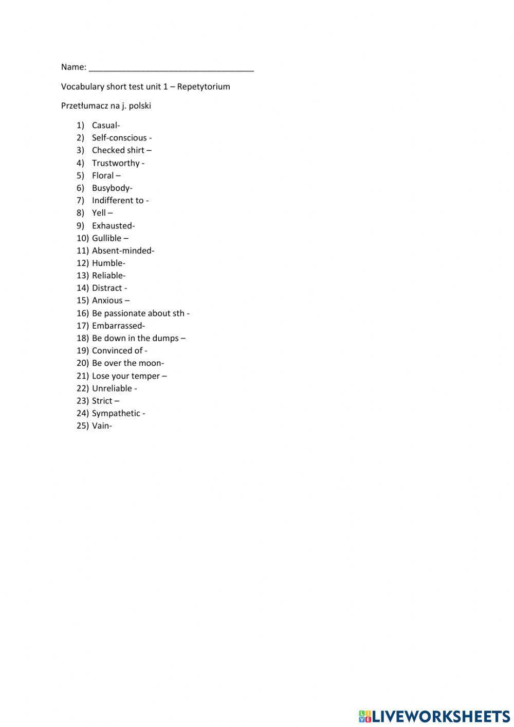 Matura rozszerzona vocabulary test unit 1 człowiek