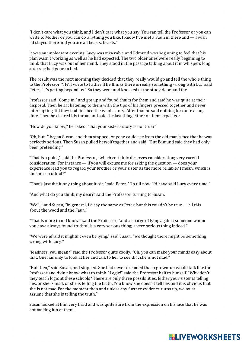 The Lion The Witch and the Wardobe Chapter 5 questions