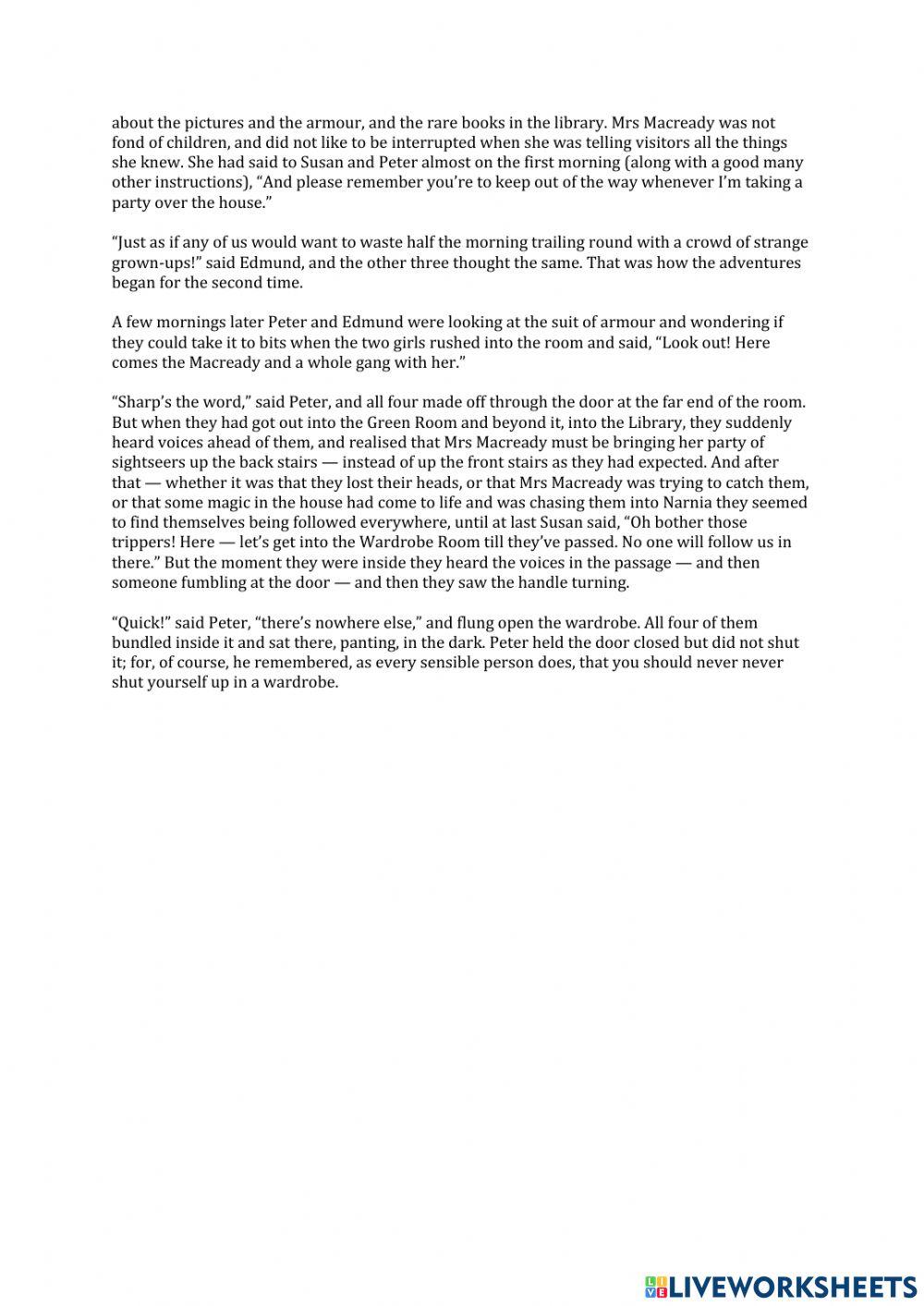 The Lion The Witch and the Wardobe Chapter 5 questions