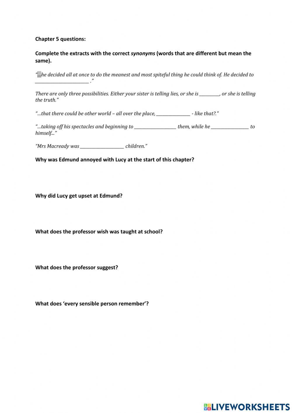 The Lion The Witch and the Wardobe Chapter 5 questions