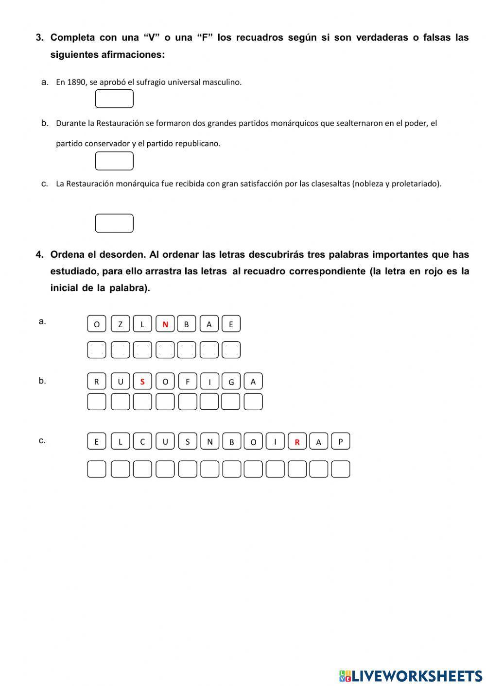 Proyecto 4: la restauración monárquica (1874 – 1902)