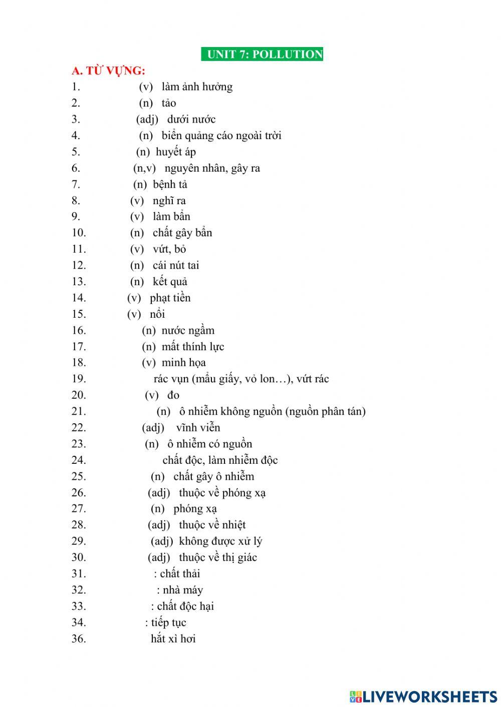 Vocabulary unit 7 class 8