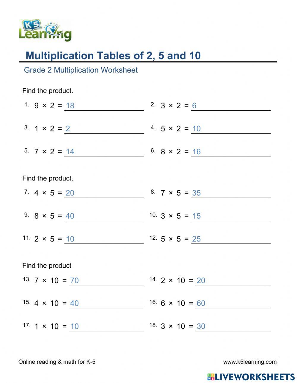 2,5, 10 times table online exercise for | Live Worksheets