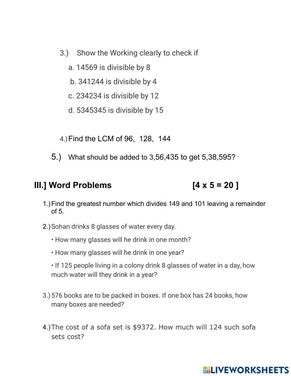1811674 | Maths worksheet Class 5 | ishaakandhari7