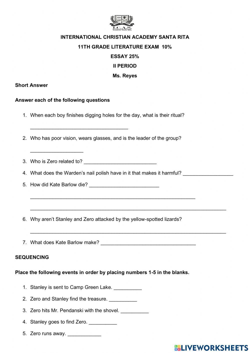 Holes book worksheet Live Worksheets